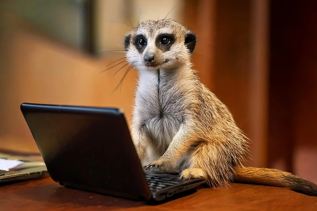 Witty Meerkat using a Laptop